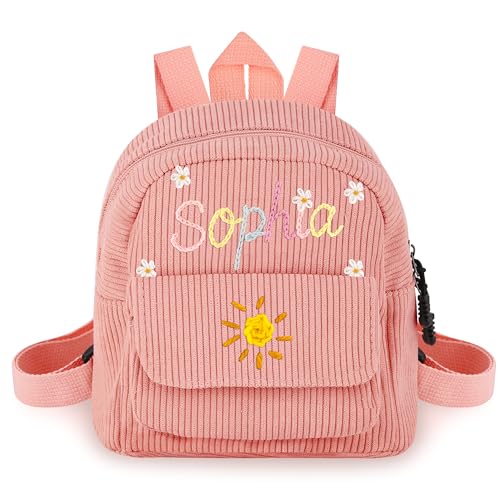 Pekdi Personalized Mini Backpack with Embroidered Name Corduroy Backpack Monogram Book Bag with Hand Embroidery Pattern Lightweight Daypack Casual Travel Bag for Sports Dance Gym