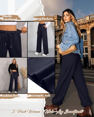 Riyiper 3 Pack Women Wide Leg Sweatpants Drawstring Straight Pants Elastic Waist Joggers Open Bottom Sweatpants with Pockets3