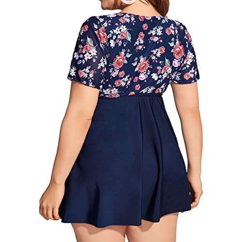 Women's Plus Size Swimsuit with Shorts Bathing Suits Two Piece Flowy Swimdress Plant Print4