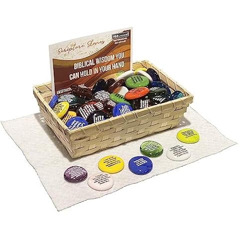 Scripture Glass Stones, Set of 100 Translucent and Opaque Glass Stones Printed with Many of Your Favorite Bible Verses with Retail Display by Lifeforce Glass. Cover