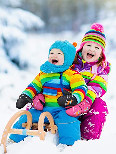 2 Pairs Kids Snow Mittens Waterproof Mittens Winter Toddlers Ski Gloves Snowboard Gloves Windproof Thicken Youth Warm Mittens For Boys And Girls Children (Rose Red, Black,For 3-7 Years) #TOP3