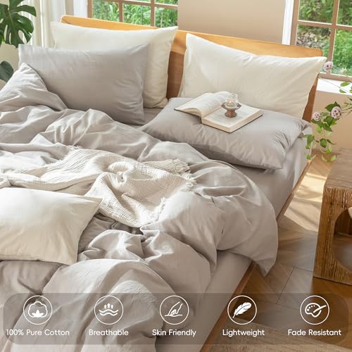 Image of MooMee Duvet Cover Set 100% Washed Cotton Linen Like Twin | Relaxed Linen-like Texture. Soft, Breathable & Long-lasting Comfort. Lightweight. Hidden Zipper with 8 Interior Corner Ties