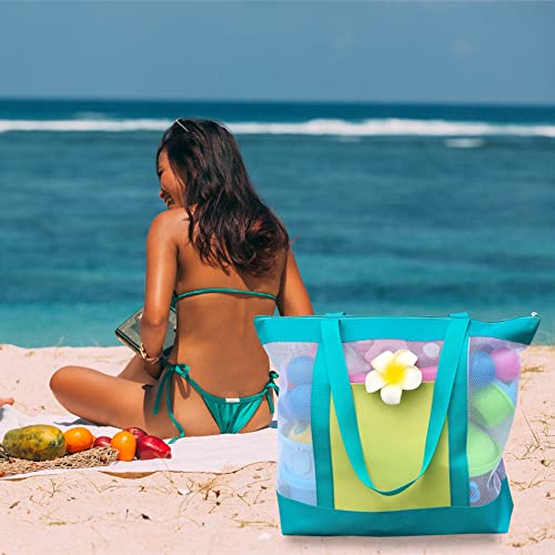 Hsmyank 2Pack Lightweight Mesh Tote Bag,Sandproof Beach Bags With Zipper &Double Pocket For Groceries,Poolside,Travel,Gym (Lake Blue+Purple) #TOP5