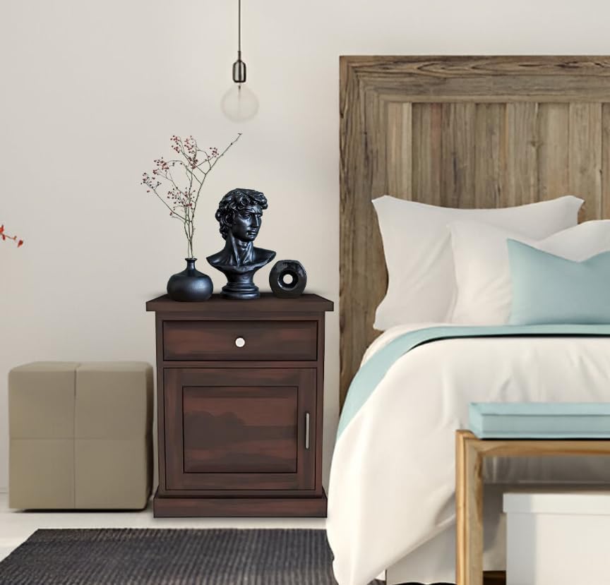 Image of SHIKHA WOOD CRAFT Solid Sheesham Wood Bedside Table with Drawer and Cabinet Storage | Multipurpose Wooden Nightstand Side End Table Furniture for Living Room, Bedroom, Hotel and Home (Walnut Finish)