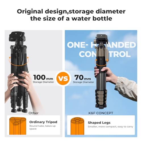 Image of K&F CONCEPT 75 inch Aluminum Camera Tripod, Lightweight and Compact for Travel | Compatible with Canon Nikon DSLR Camera, Cellphone Clip and Remote Control for Shooting and Video Recording S255A3+BV01