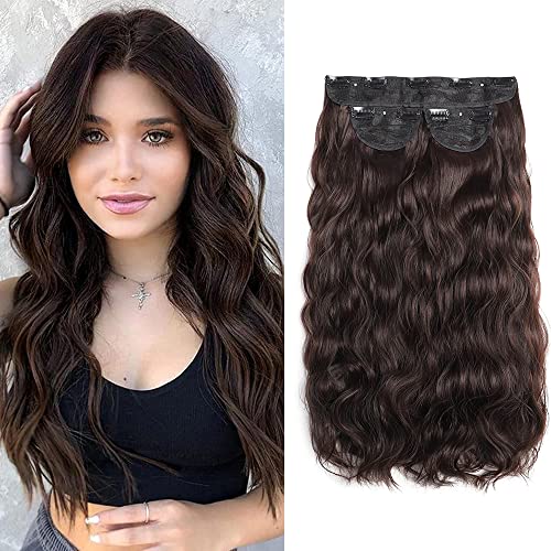 Risbel Brown Wavy Hair Extensions Clip in Synthetic Hair Extensions Hairpieces for Women Girl 20 inches Full Head 3pcs 20 Inches 260g ( Brown)