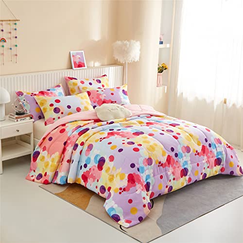 Rainbow Ombre Comforter Set Queen Size For Girls, Colorful Bubbles Polka Dots Comforter For Kids Teen, 3 Piece Orange Pink Purple Blue Gradient Pastel Bedding Set With 2 Pillow Case(Rainbow,Queen) #TOP2