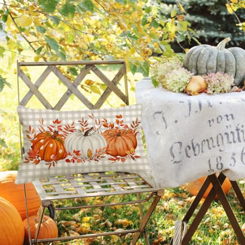 Image of Fall Pillow Cover 12x20 Inch Pumpkin Buffalo Pliad Dots Fall Pillows Maple Leaves Decor Autumn Thanksgiving Decorative Farmhouse Cushion Case for Sofa Couch (Gray)