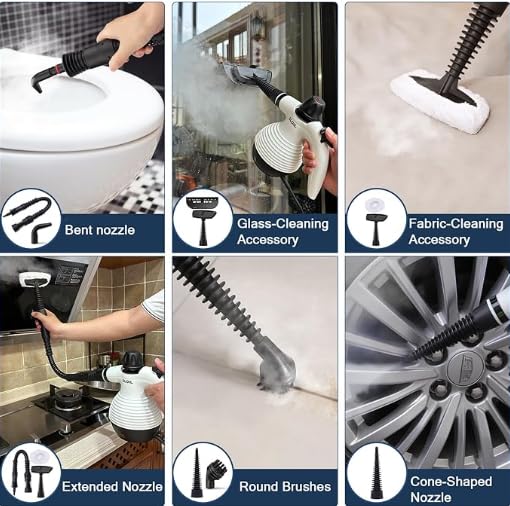 Image of Handheld Steam Cleaner, a versatile and portable home cleaning device, comes with a 10-piece accessory set. Effortlessly removes stubborn stains like dirt and grease, saving you time and effort.