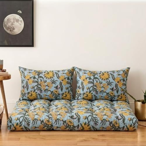Image of Low Seating Floor Cushion 70 x 152 cm with 2 Back Support Cushions | Thick Quilted Cotton Floor Mattress Pad | Floral Printed Gadda for Sitting, Meditation, Yoga & Living Room Floor Seating