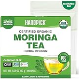 HANDPICK, Organic Moringa Tea Bags (100 Count), Pure Moringa Leaves | Authentic Indian Origin | Caffeine Free, Non GMO | Round Eco-conscious Teabags