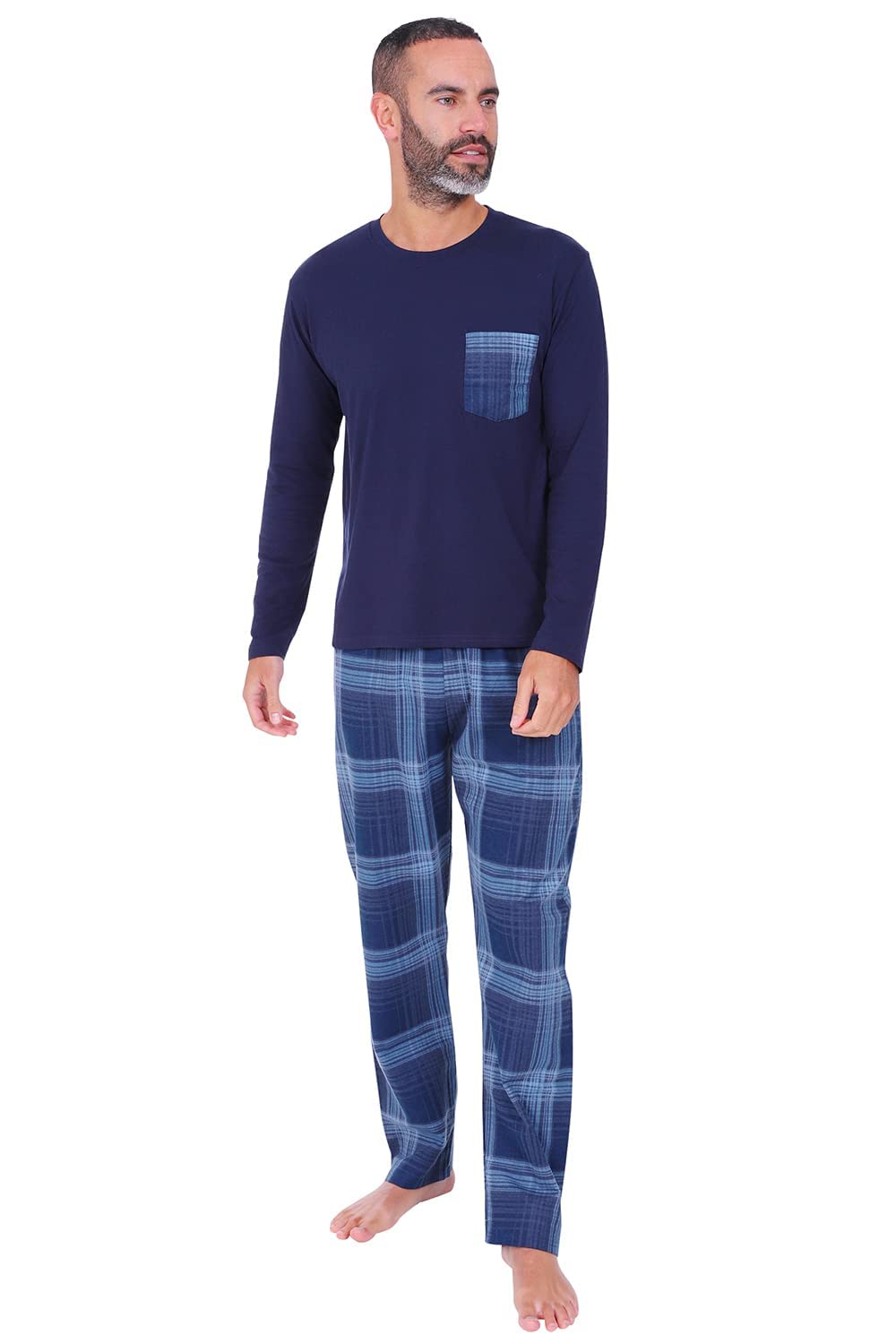 ThePyjamaFactory Mens Navy Long Pyjama Set Checked Bottoms (Large)