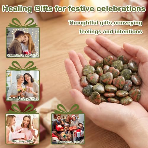 Image of QINJIEJIE 20 PCS Unakite Heart Crystal Green Red Healing Crystals Natural Cute Stones Pocket Healing Palm Love Bulk Set Wholesale Reiki Energy Balancing Meditation Mother's Day Gift