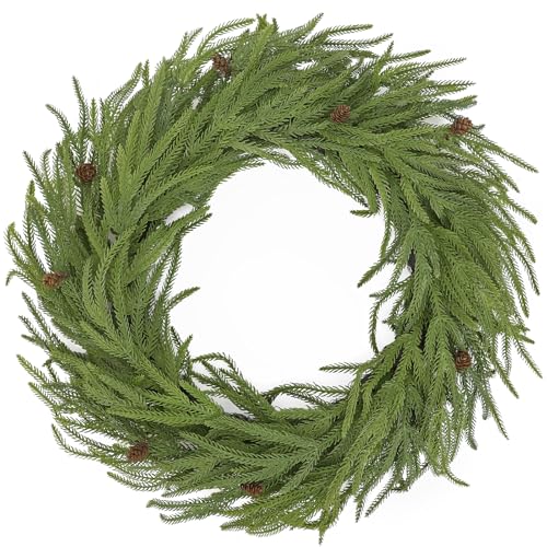 Artificial Christmas Wreath for Front Door - 24 Inch Norfolk Pine Winter Wreaths with Pine Cones Faux Greenery for Wall Window Porch Farmhouse Home Holiday Indoor Outdoor Modern Decor