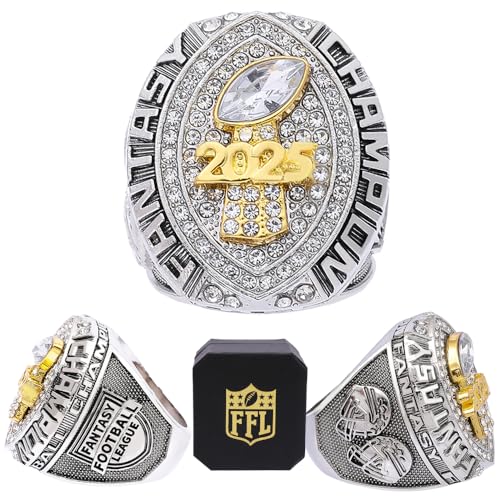 noblehead 2025 Fantasy Football Championship Ring With Trophy | Heavy FFL Champion Ring | Gold Silver Tone Plated Award Trophy for Fantasy Football League Winner (size 11 with free FFL logo box)