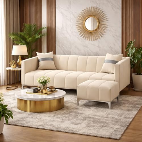 Image of Solomon 4 Seater L Shape Sofa Set with Movable Ottoman | Flexible Left or Right Layout | Luxe Velvet Suede Fabric | Comfortable Seating | Modern Sofa for Living Room - Cream