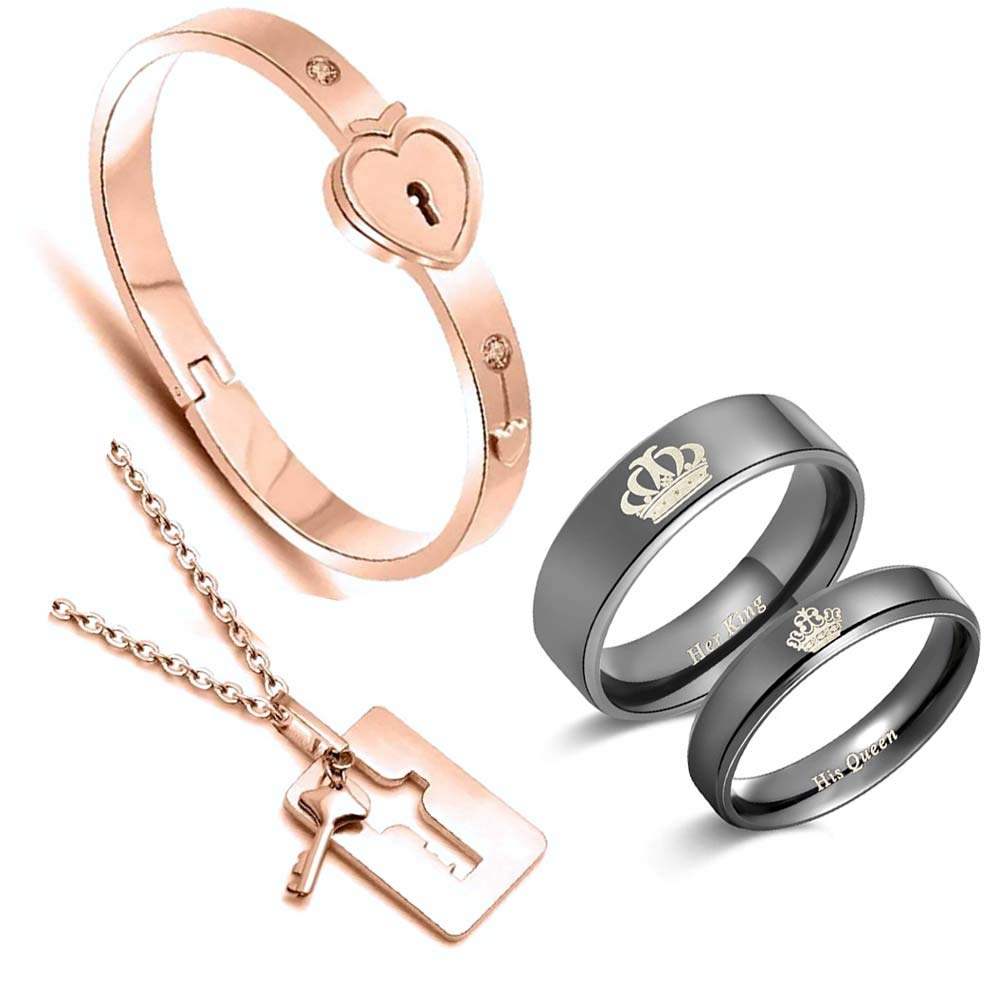 University TrendzCombo of Rose Gold Square Key Lock Bracelet and 2PCS Her King His Queen Black Titanium Stainless Steel Couple Rings For Women