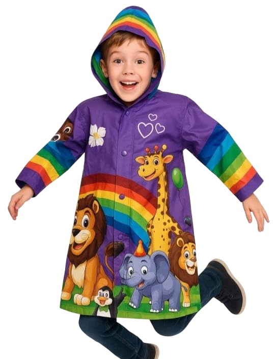 Krystle Boy's & Girl's Kids PVC Waterproof Long Raincoat with Cartoon Print, Blue, 8-9 Years (Pack of 1) 2