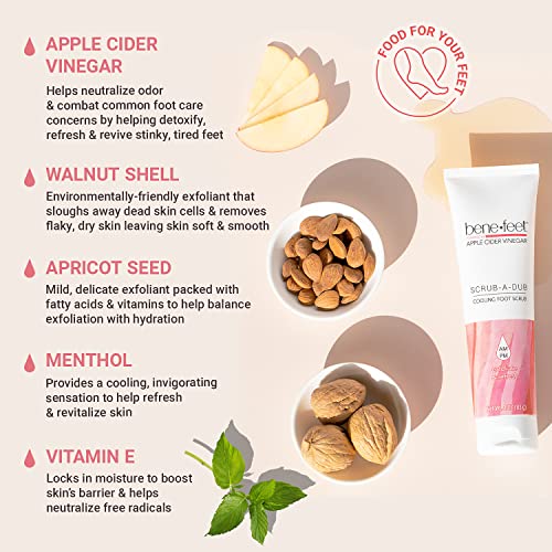 benefeet scrub-a-dub cooling foot scrub - exfoliates  refreshes dry  dull skin get smoother skin from heel to toe made wvitamin e apple cider vinegar walnut shell  apricot seed 4 oz 1 pack