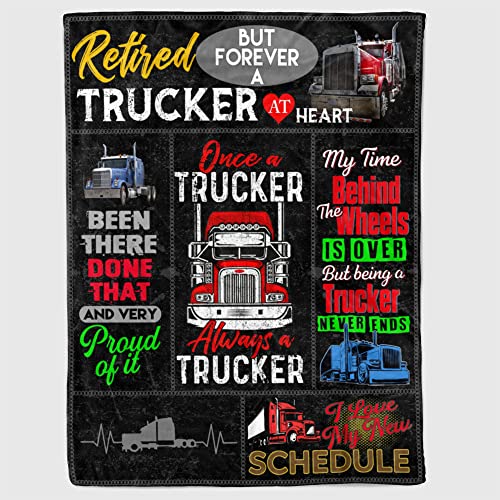 Funny Gifts for Men Retired Trucker But Forever A Trucker at Heart Blanket Gifts for Dad Grandpa Blanket Gifts for Truck Driver Retirement Gifts Christmas Halloween Anniversary Birthday Gifts