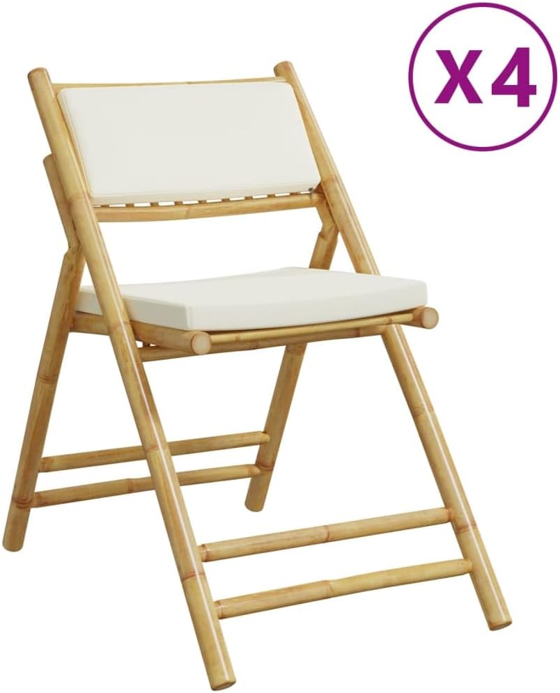 4 Piece Folding Bistro Chairs with Cream White Cushions Bamboo,Solid Bamboo Patio Bistro Chairs with Cushions, Foldable Outdoor Furniture for Relaxing and Dining Outdoor Furniture