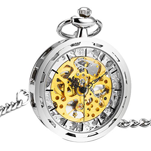 ManChDa Mens Steampunk Transparent Open Face Pocket Watch Skeleton Dial Silver Case with Chain + Gift Box