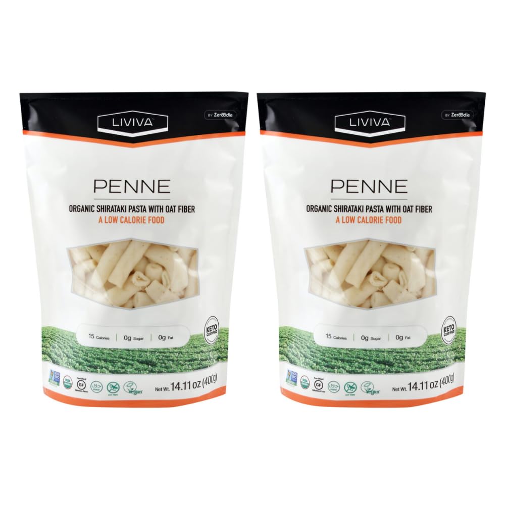 LIVIVA Organic Shirataki Konjac Penne Noodle 2 Pk (36.67 oz) – Diabetic-Friendly Low Carb, Low Calorie Pasta Noodles Ready to Serve – No Odor, Certified Non-GMO, Gluten Free, Vegan, Plant-Based, Keto, Kosher, Halal