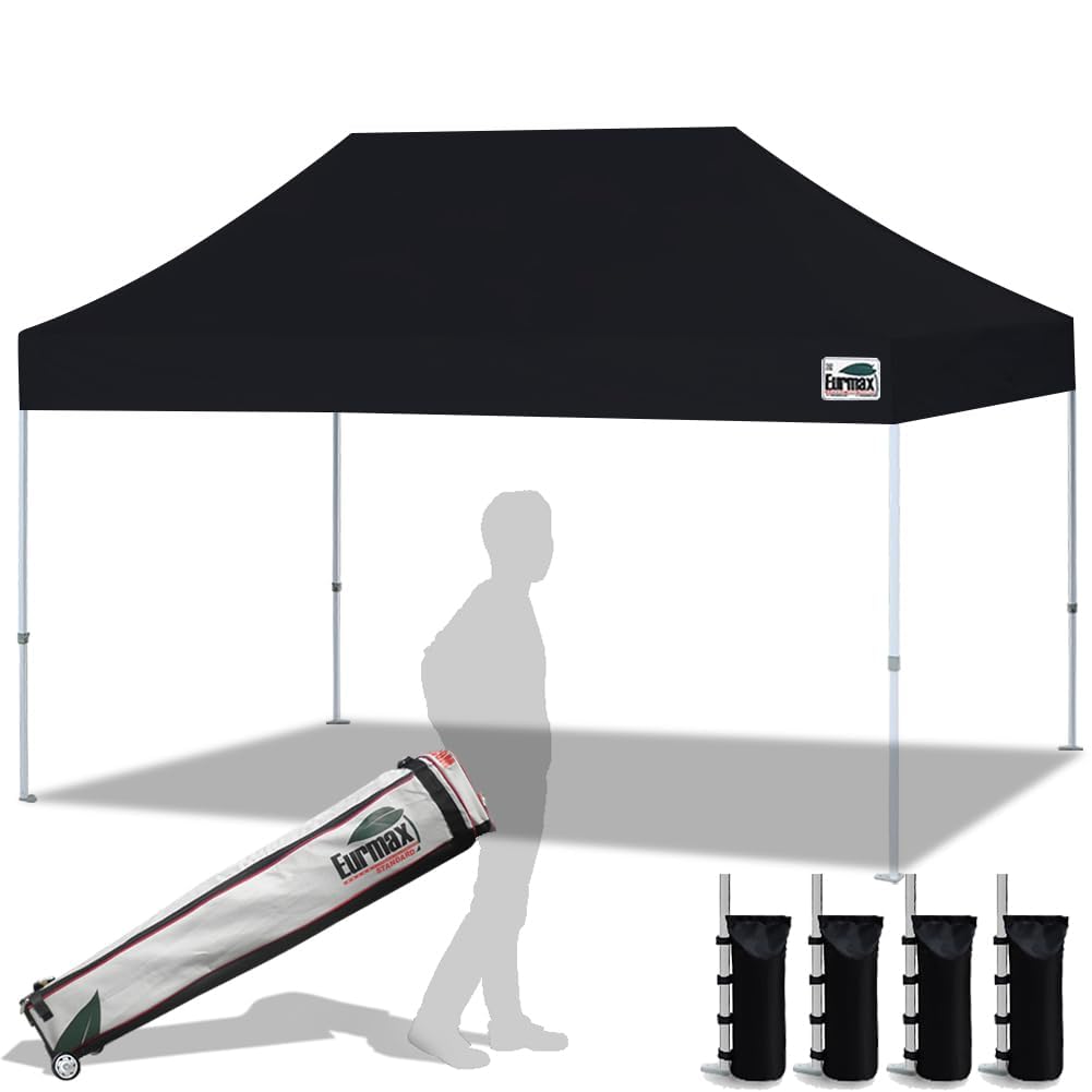 eurmax usa 10x15ft pop up canopy, commercial instant tent for outdoor events, patented no-tip rolling storage bag with 4 sandbags,uv & water resistant,heavy duty portable shelter gazebo,black