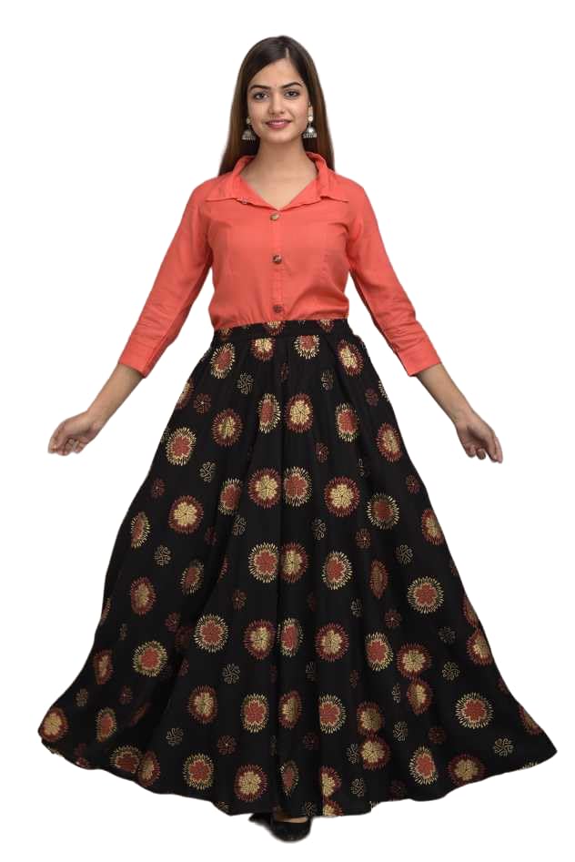 Bharat INF - Women's Printed Rayon Top and Skirt (XX-Large, Orange)-picture-17