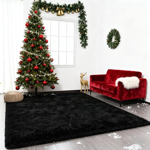 Tapis chambre 60x210 cm noir à poils longs doux lavable