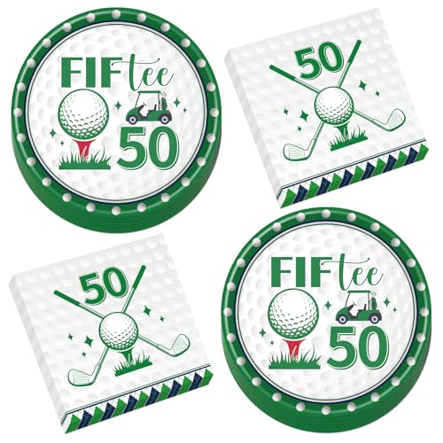 Rakuto Golf 50Th Birthday Decorations - 50 Pcs Fiftee Golf Themed Party Plates And Napkins Set Supplies, Disposable Tableware Decorations For Men Women Sports Birthday Party Serves 25 Guests