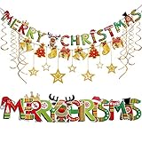 Christmas Party Decoration Banner Flag with Foil Swirl Ceiling Hanging Golden Stars (Golden) for Fireplace Christmas Tree