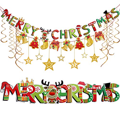 Christmas Party Decoration Banner Flag with Foil Swirl Ceiling Hanging Golden Stars (Golden) for Fireplace Christmas Tree