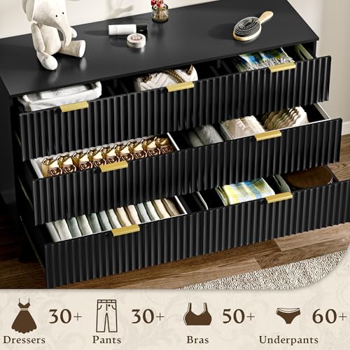 Image of HUANLEGO 48 inch W Fluted Dresser for Bedroom with 7 Drawers, Black | Mid Century Modern Dressers & Chest of Drawers, Boho Dresser for Closet, 7 Drawer Storage TV Stand for Bedroom