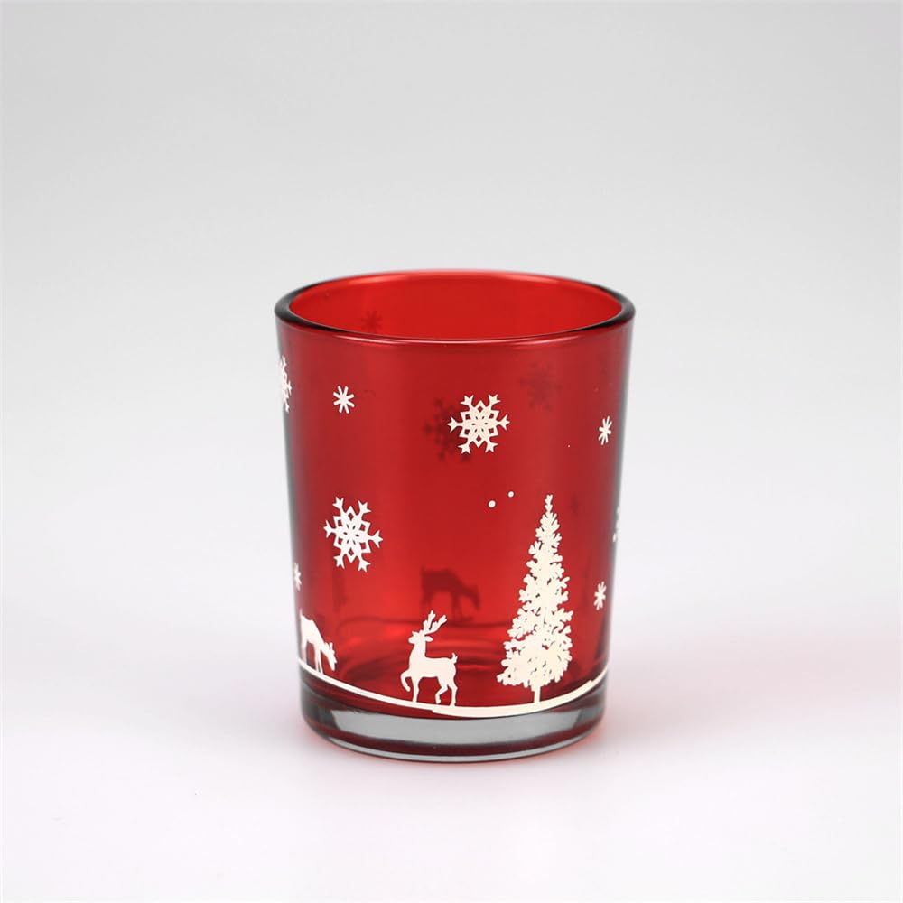 Hiseng Portavelas Cristal Roja Decorativas Navideña, Portavelas Velas de Té con Diseño de Alce árbol de Navidad, Porta Velas Vidrio para Decoración Hogar, Bodas, Fiestas (Juego de 12,Rojo)