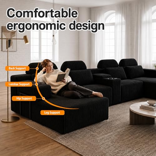 Image of 145 inch U Shaped Boneless Couches with Storage Console, Cup Holders, Chaise Lounge for Living Room, Modular Sectional Corduroy Comfy Cloud Memory Foam Deep Seat Oversized Boneless Sofa, Black