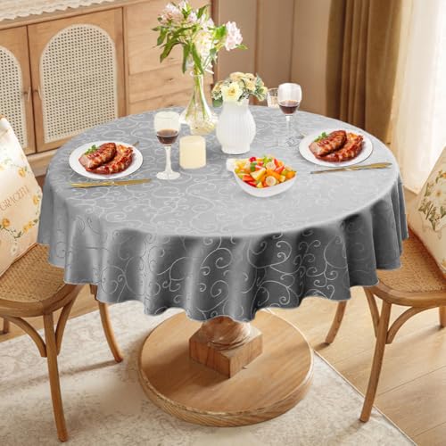 Nappe lavable ronde 140 cm en polyester - Motif jacquard - Anti-taches - Facile d'entretien - Gris argenté