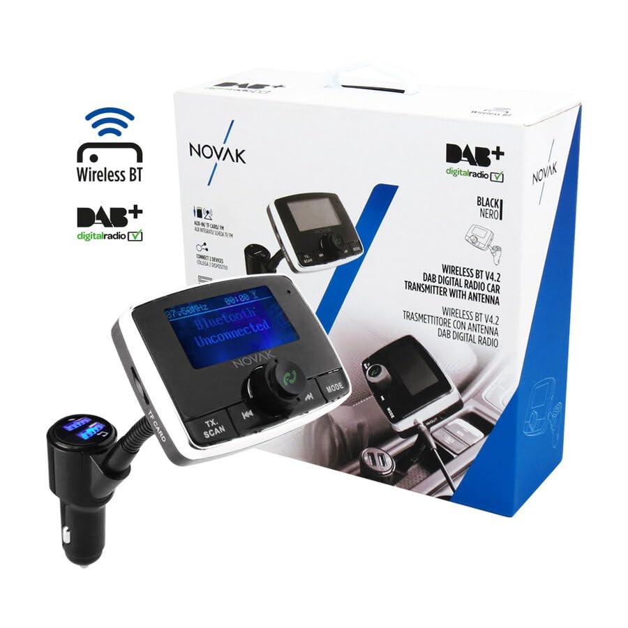 NOVAK Trasmettitore wireless BT V4.2 con antenna DAB Digital Radio e microfono incorporato per chiamate e assistenza vocale. - Ricarica Wireless, Auricolari Bluetooth