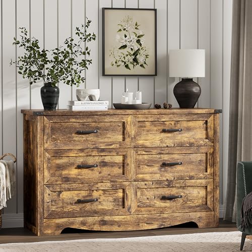 Image of Dresser for Bedroom with 6 Drawers, 48 inch Wide Wood Chest of Drawers with Deep Drawers & Mental Handle, Wooden Dresser TV Stand, Modern Closet Storage Organizer for Living Room, Hallway, Entryway, Brown