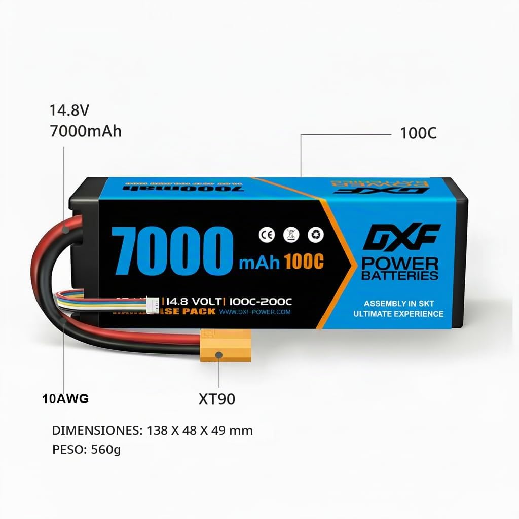 DXF 2 Pack Batería LiPo 4S 14.8V 7000mAh 100C Conector XT90 Coche RC 1/8 1/10 Buggy Truggy Monster Truck Slash Stampede Radiocontrol Polímero Litio Hardcase Brushless