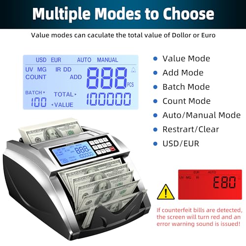 PONNOR Money Counter Machine with Value Bill Count, Cash Counter for Dollar, Euro with UV/MG/IR/DD/DBL/HLF/CHN Counterfeit Detection, Add/Bat/Value Mode Bill Counting Machine with Large LCD Display