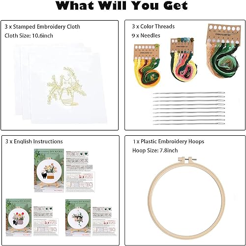 Image of GLTAYLMY 3pcs Embroidery Kit for Beginners DIY Adult Beginner Embroidery Kits with Cat Pattern 1 Embroidery Hoops Needles Threads and Instructions