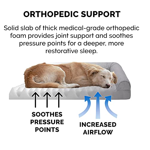 Image of Furhaven Orthopedic Dog Bed for Large Dogs w / Removable Bolsters & Washable Cover, For Dogs Up to 95 lbs - Pinsonic Quilted Paw L Shaped Chaise - Titanium, Jumbo /XL