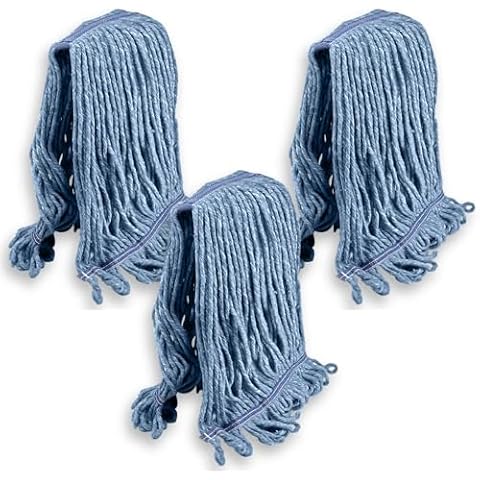 KLEEN HANDLER Pack of 3 HEAVY DUTY Commercial Mop Head Replacement, Wet Industrial Cotton Looped End String Cleaning Mop Head Refill, Blue Mop Cover