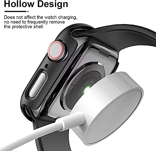 Image of HANKN 2 Pack Plated Tempered Glass Screen Protector Case Compatible with Apple Watch Series SE 6 5 4 40mm, Hard PC Full Coverage Cover HD Clear Shockproof Iwatch Bumper (Black+Black, 40mm)