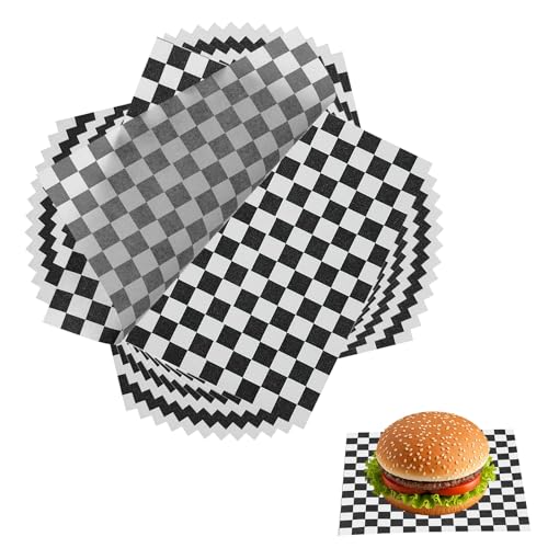 QUARKZMAN 150 Stück Wachspapier Blätter Für Lebensmittel 7 x 7 Zoll Fettdichte Einwickelpapier Blätter Karo Muster Quadratische Lebensmittelkorb Einlagen Für Sandwich Hamburger Brot Schwarz