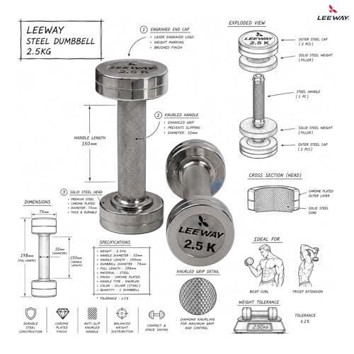 Image of Leeway Steel Dumbbell Set 2.5 Kg x 2 | Chrome Dumbbells for Home Gym | Rust-Resistant Non-Slip Grip | Strength Training Metal Dumbbell Set | Iron Dumbell | Round Dumble | (2.5kg X 2 = 5kg Chrome)