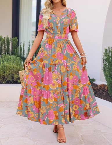 Image of ZESICA Women's 2026 Summer Spring Floral Boho Maxi Dresses Casual Short Sleeve V Neck A Line Flowy Beach Vacation Dress