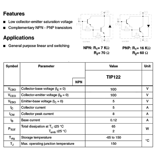 Image of TIP122 Epitaxial Darlington NPN Transistor 5A 100V Power Transistors 5 Amp 100 Volt Pack of 20