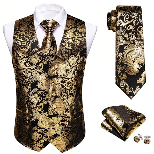 Barry.Wang Mens Shiny Disco Vests Party Nightclub Paisley Metallic Gothic Vest Tie Handkerchief Cufflink Clip Brooch 6PCS2